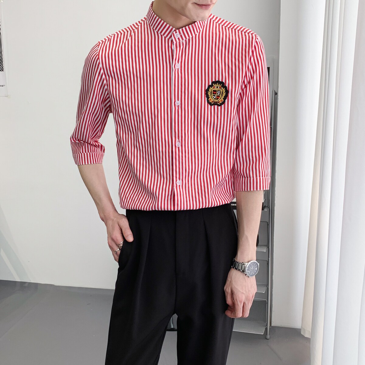 714A-9258P45控59/2025夏季条纹立领中袖衬衫五分袖衬衣工作服,男装衬衫,星座714A（原电商C314）