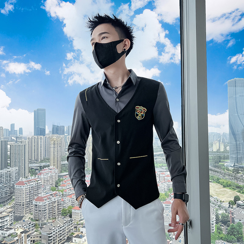 714A-H667P55控75/2025春季男士假两件衬衫简约制服ktv酒吧衬衣潮,男装衬衫,星座714A（原电商C314）