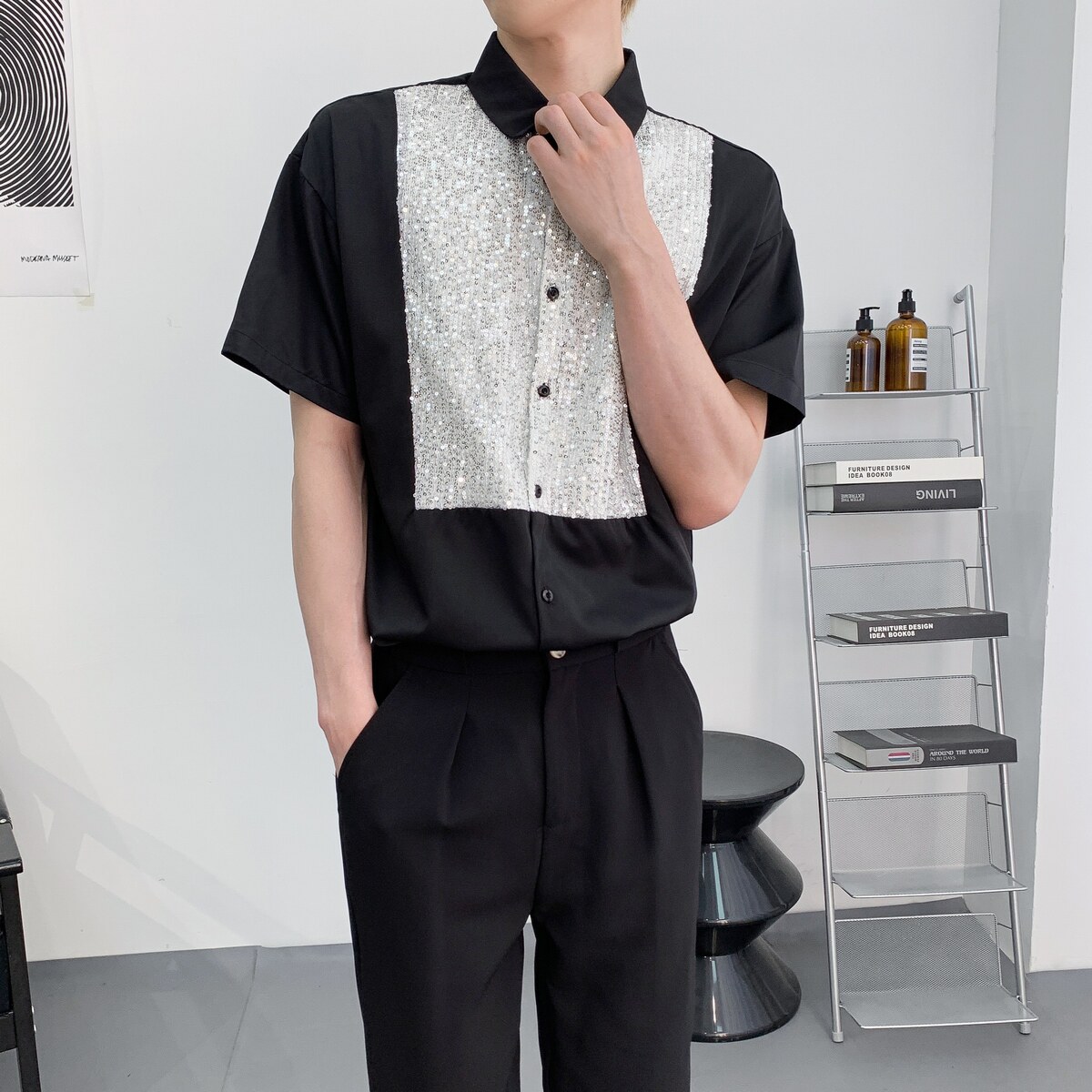 714A-D3075P45控69/2025夏季男宽松亮片衬衫夜店中性装舞台服衬衣图片