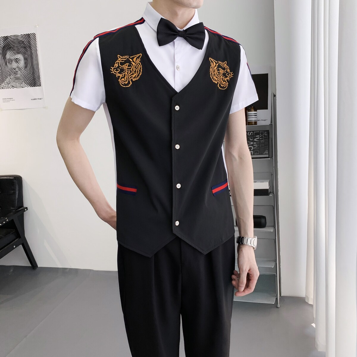 714A-H665P55控79/2025新款夏季ktv酒吧理发店工作服衬衫假两件图片
