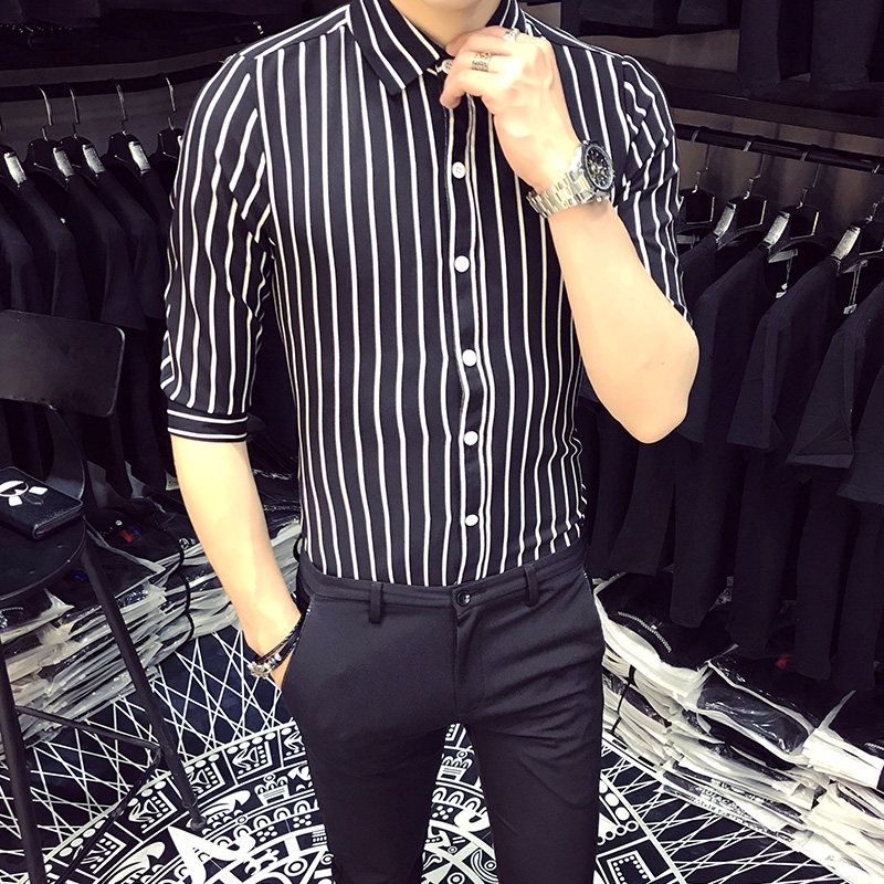 5002/店主风2025韩版男士五分袖中袖衬衫工作服简约条纹S-5XLP50,男装T恤,星座714(原C313)