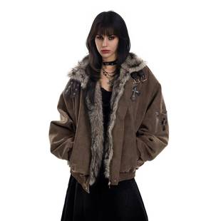 棉衣潮 新款 美式 覆古毛领十字架座山雕棉服外套女加绒加厚夹克冬季