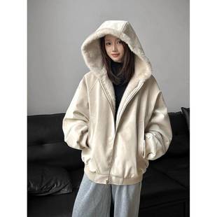 加绒加厚保暖毛领棉衣夹克 冬季 美式 连帽座山雕皮衣外套棉服男女款