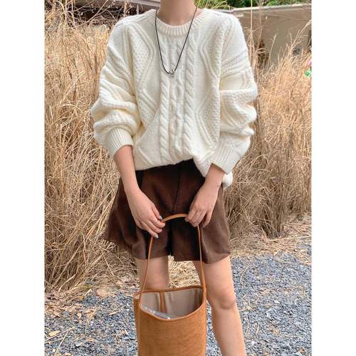 ZY自制 奶白色套头毛衣女软糯宽松慵懒风加厚麻花秋冬季针织上衣