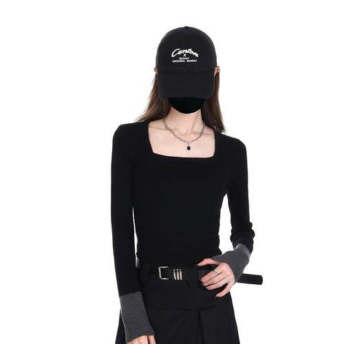 2024冬季韩版修身毛衣上衣女可外穿黑色方领内搭收腰保暖针织衫