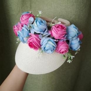 春夏重工饱满花卉高颅顶空顶帽遮阳草帽阔檐鸭舌帽花朵度假防晒女