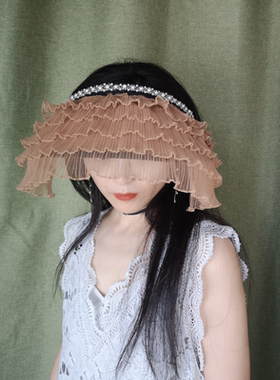 夏季网红时尚空顶帽防晒黑胶大檐帽女蕾丝网眼木耳5层原创设计