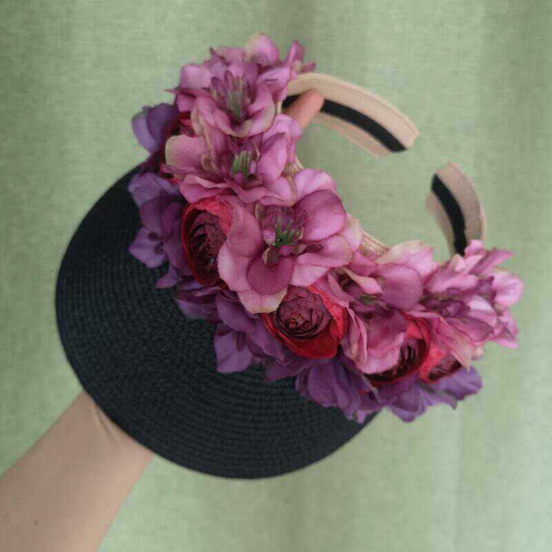 孤品原创设计花朵出游优雅大檐帽空顶帽拍照女夏沙滩帽遮阳防晒