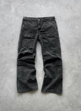 False Perception 多口袋脏水洗炮弹工装裤水洗黑