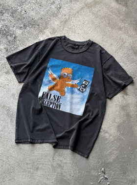 False Perception  小天使水洗做旧破坏短袖T恤水洗黑/米白色