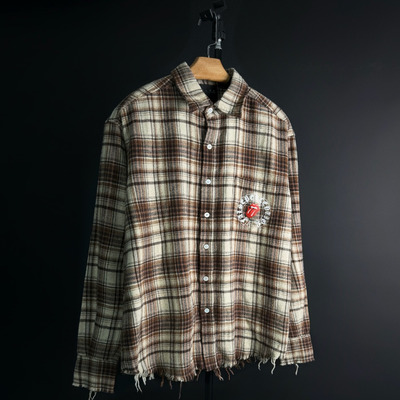 格子水洗下摆破坏衬衫