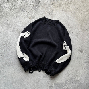 Askyurself 白卷轴嵌花做旧磨破圆领毛衣 黑色