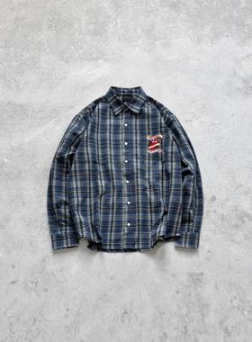 False Perception 血牙涂鸦卷轴万针刺绣格子衬衫水洗蓝