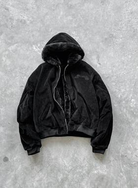 Askyurself 灯芯绒獭兔毛连帽夹克外套黑色