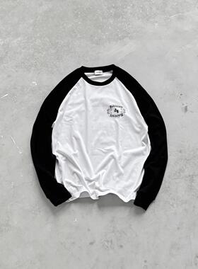 Askyurself 浮雕双卷轴Logo长袖T恤黑白拼色