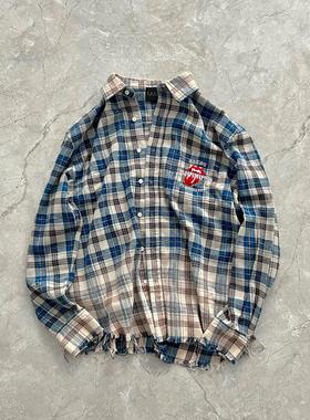 False Perception 褪色水洗格子破坏衬衫水洗蓝