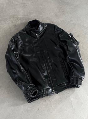 False Perception Cyber Defenses荆棘刺绣Logo拉链 皮衣外套黑色