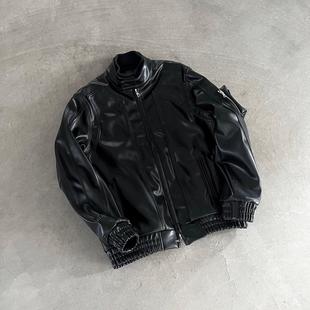 False Perception Cyber Defenses荆棘刺绣Logo拉链 皮衣外套黑色