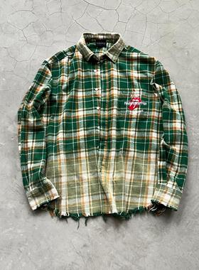 False Perception 褪色水洗格子破坏长袖衬衫绿色