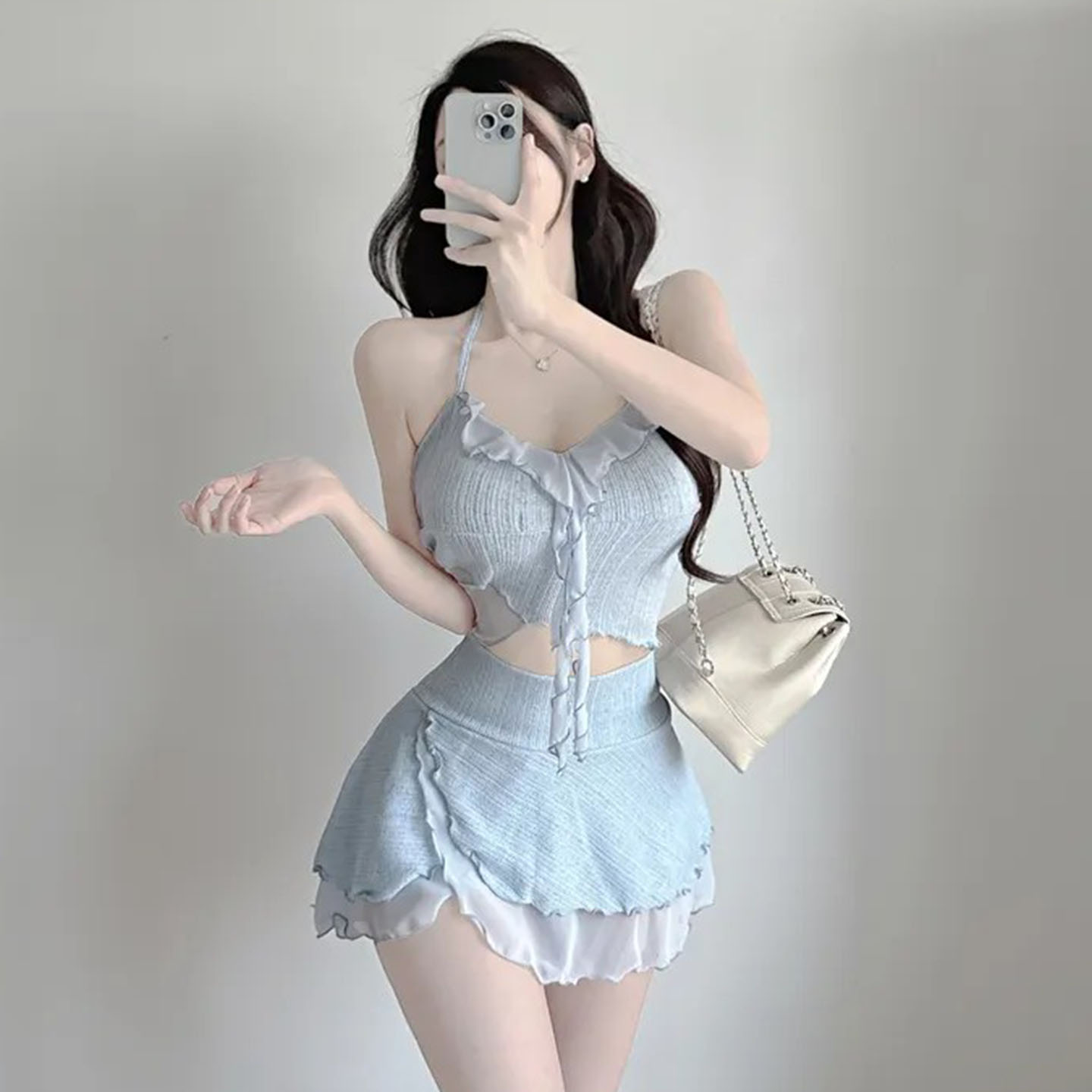 泳衣女2025新款ins小香风绝美分体平角保守裙式纯欲风度假泡温泉