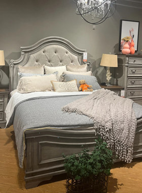 美式乡村实木做旧软靠布艺床小户型卧室1.8米双人床主卧高背大床