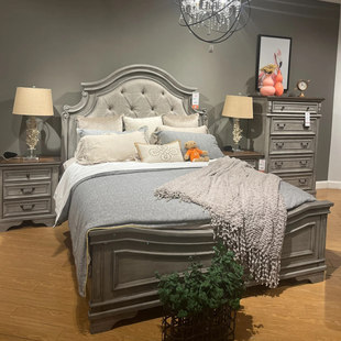 美式 乡村实木做旧软靠布艺床小户型卧室1.8米双人床主卧高背大床