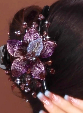 新款高级感铜丝抓夹女后脑勺盘发马尾鲨鱼夹妈妈发卡水钻头花头饰