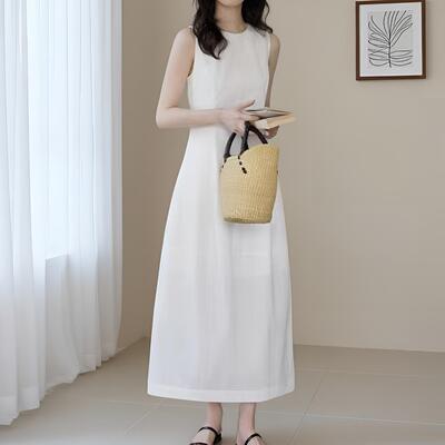 法式简约风无袖白色连衣裙女