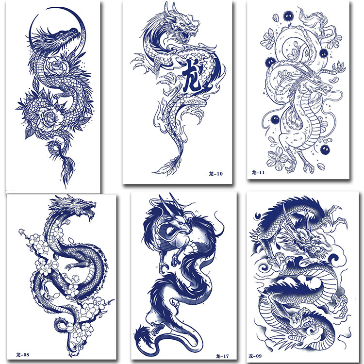 6张青龙苍龙纹身贴纸割线此案条防水男女款持久胸背龙图腾花臂