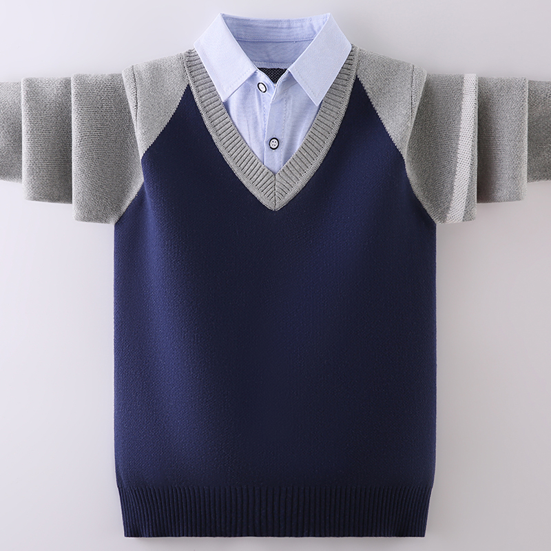 秋冬款男童纯棉针织衫毛衣假两件