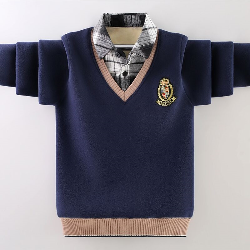 男童毛衣假两件一体绒儿童针织衫