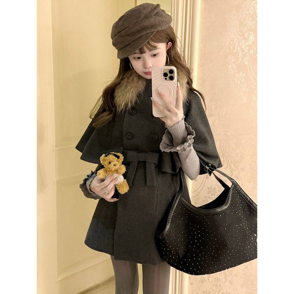 柏林秘闻 斗篷款高级深灰色收腰毛毛领呢大衣外套+长袖内搭两件套