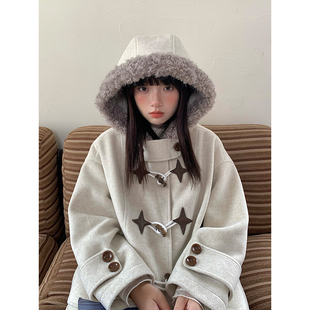 韩系学院风米灰星星连帽毛呢外套女秋冬新款小个子中长款呢子大衣