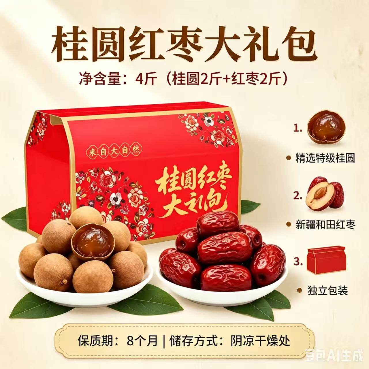 桂圆红枣大礼包4斤装精选福建大桂圆干新疆红枣双拼礼盒结婚送礼