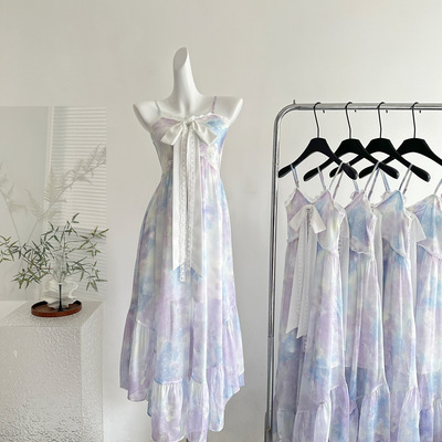 现货秒发Bull0313一个叁 新品 绝美晕染油画吊带裙大裙摆女连衣裙