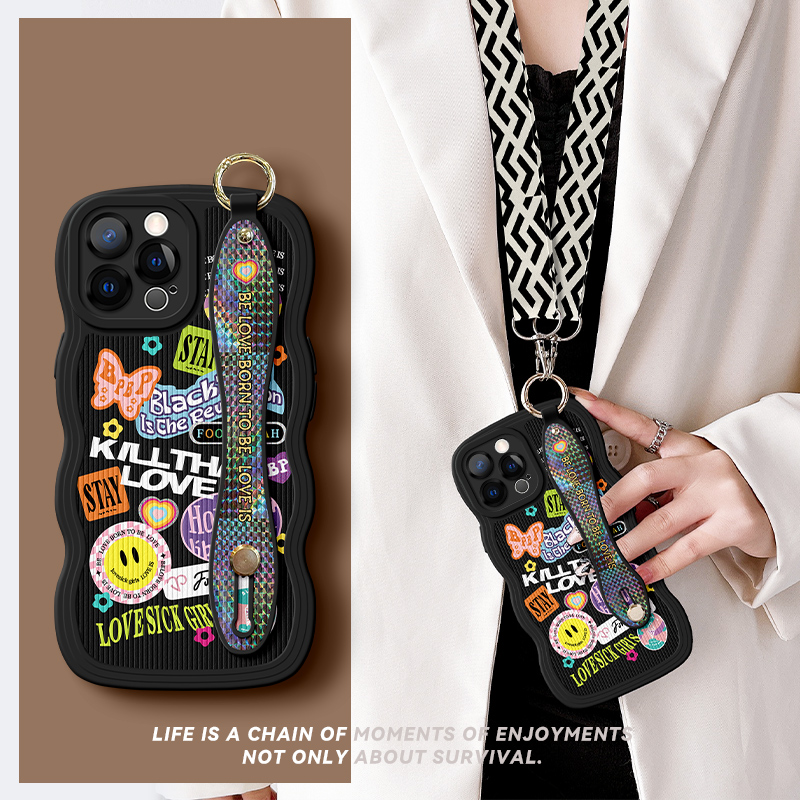 佳朗适用苹果16promax手机壳新款iphone13女15潮流12斜挎XS挂绳11可背14腕带支架笑脸英文标签全包防摔保护套