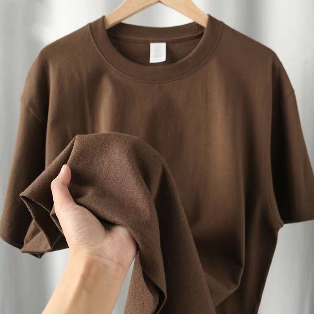 复古巧克力色320g重磅纯棉圆领短袖t恤男宽松休闲通勤简约体恤