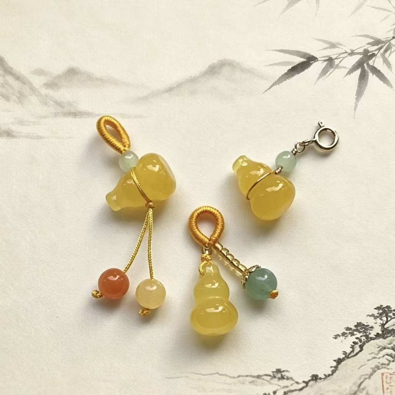 天然玉石葫芦金色流苏吊坠手串