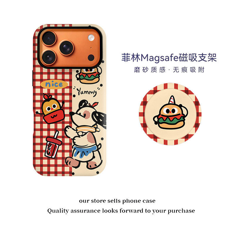 格纹拼接汉堡小狗适用iphone手机壳17Air磁吸菲林二合一15pro支架16promax卡通保护套17/16promax可爱手机套