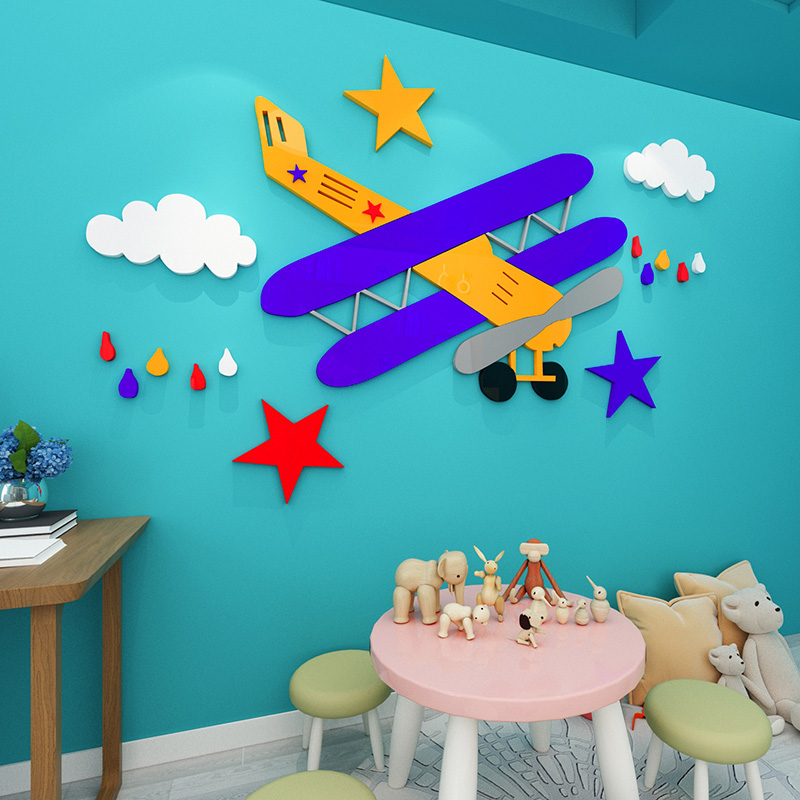 卡通复古飞机儿童房墙面装饰贴纸布置男孩卧室床头贴画3d立体墙贴图片