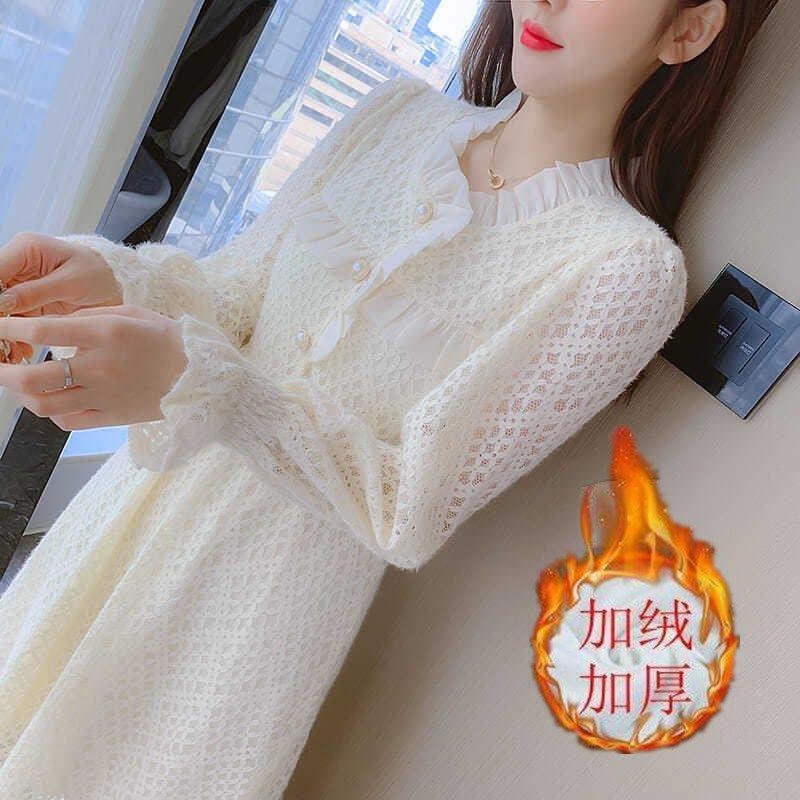 蕾丝连衣裙秋冬季女装2022新款爆款裙子收腰气质内搭打底裙配大衣