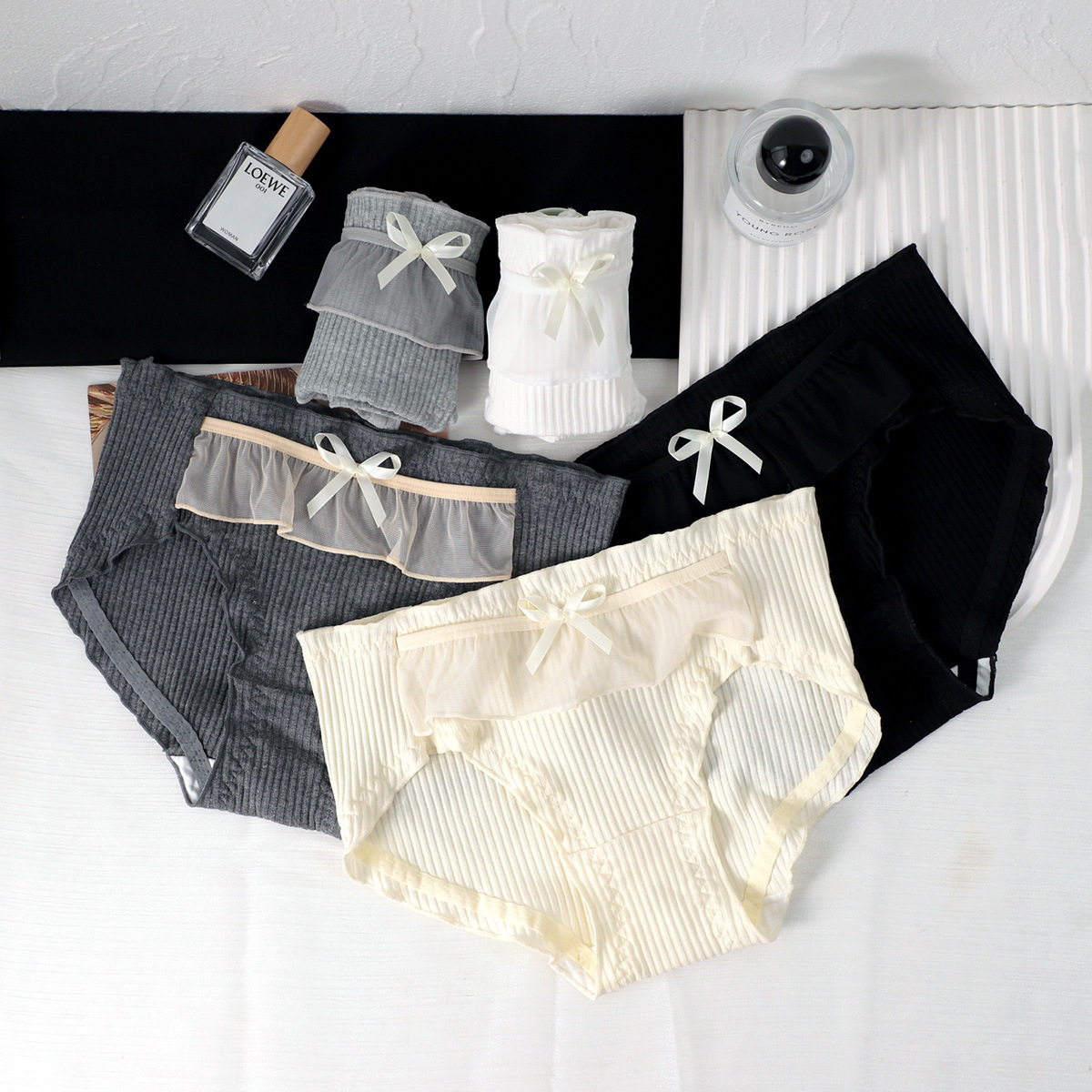 in时尚螺纹棉质网纱女内裤中腰透气木耳边条纹舒适三角女内裤