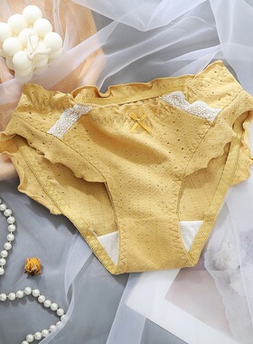 提花95棉女士内裤女纯棉裆木耳边中腰透气短裤秋冬款风款