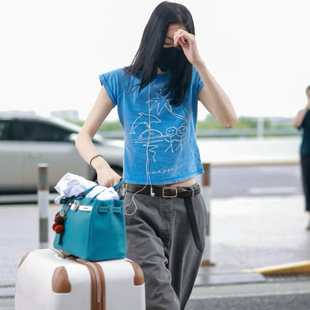 欧美2027新款T手绘火柴人印花短袖T恤女蓝色圆领修身百搭显瘦上衣