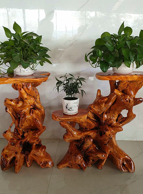 天然根雕花架底座原木客厅中式盆景鱼缸架实木树根艺阳台摆件仿古