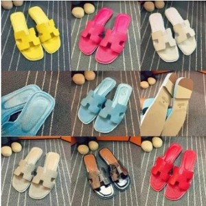 欧洲站H家拖鞋平底平跟凉拖H拖沙滩鞋一字式真皮女鞋夏天白色黑色