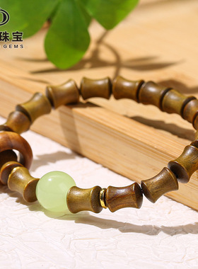 晶德珠宝 绿檀木竹节珠手串女森系学生节节高升跑环手链饰品
