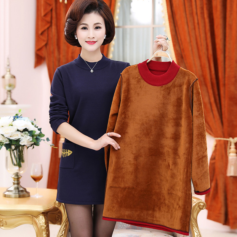 中老年女装加肥加大码加绒打底衫妈妈装秋冬加厚中长款毛衣裙绒衣