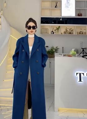tt衣坊2021年冬季中长款双排扣女西装长款双面羊绒大衣孔雀蓝紫色
