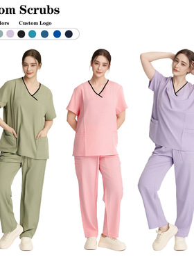 医护洗手衣跨境V领黑边高弹力速干服宠物衣服高端护士工作服透气